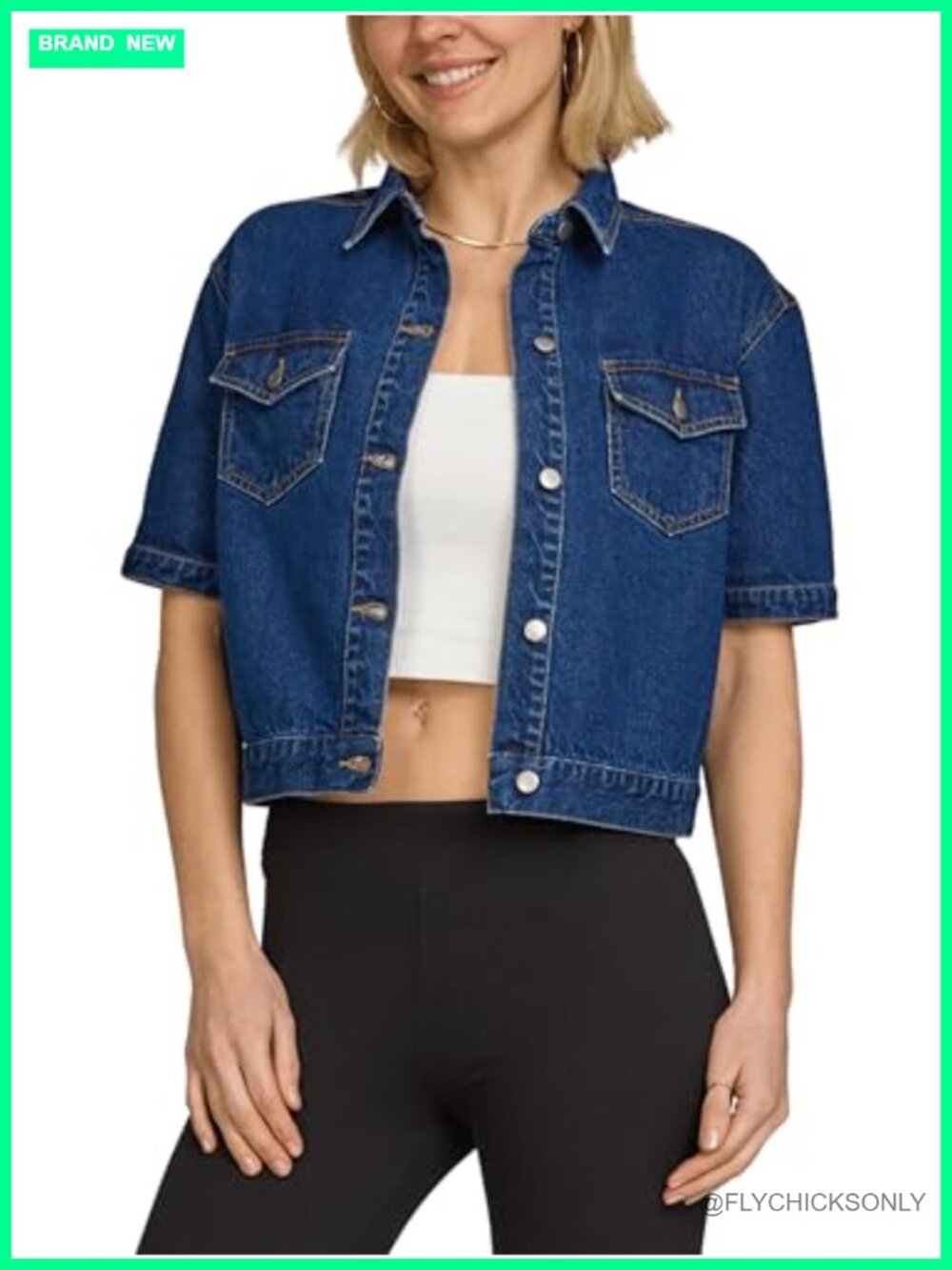 Women's Cropped Short Sleeve Button Front Denim Jacket with Pockets